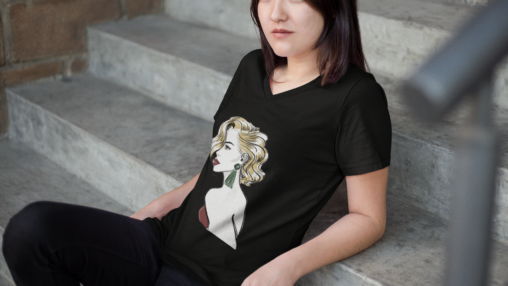 v-neck-t-shirt-mockup-of-an-asian-woman-sitting-on-a-stairway-9536